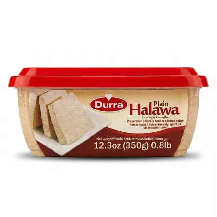 Enhanced Durra Plain Halawa 350g tub side view with weight label