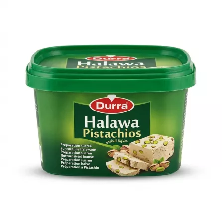 Enhanced Front of Durra Pistachio Halawa 350g tub with label and product photo