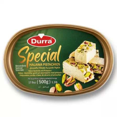 Enhanced Top view of Durra Special Halawa Pistachios 500g tub