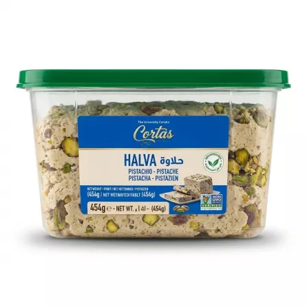 Enhanced Side view of Cortas Pistachio Halva 454g, showing product inside the tub