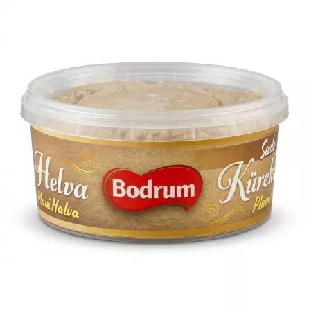 A side view of a Bodrum brand round tub containing Plain Tahini Halva, set against a clean white background. The product fills most of the frame, with professional studio lighting and soft, equal shadows on both sides.
