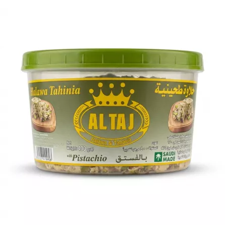 Enhanced Front view of ALTAJ Halawa Tahinia with Pistachio 400g tub