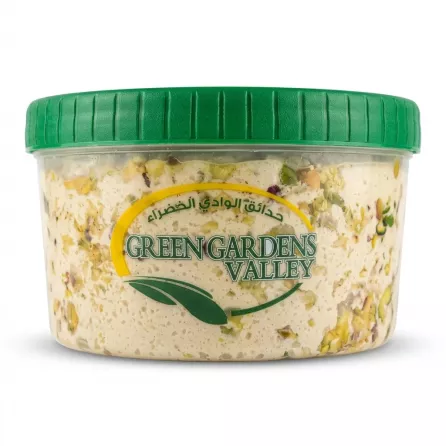 Enhanced Tub of Green Gardens Valley halva with pistachios showing front label