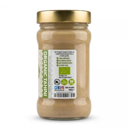 Enhanced Back label of Bodrum Organic Tahini showing ingredients and certifications