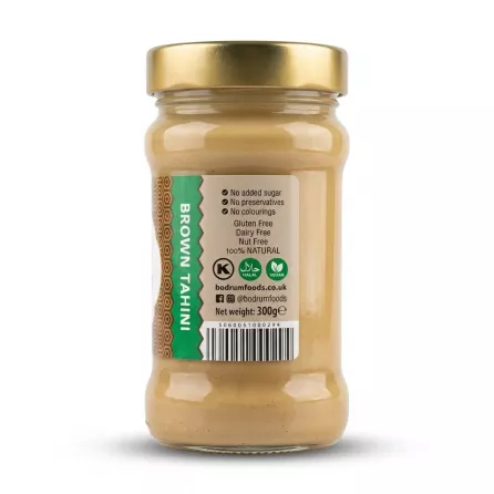 Enhanced Back label of Bodrum Brown Tahini jar showing product information and certifications