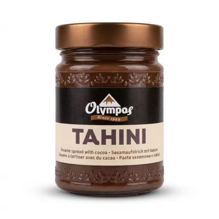 Enhanced Front view of Olympos Tahini with Cocoa jar held in hand