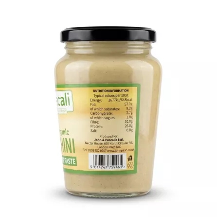 Enhanced Back label showing nutrition info and barcode on Pascali Tahini jar