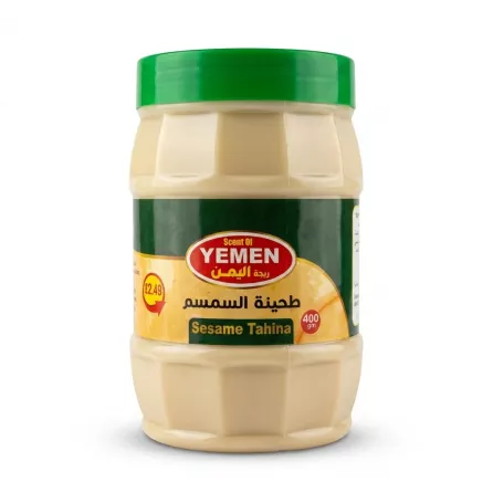 Enhanced Front view of Scent of Yemen Sesame Tahina 400g jar with green lid