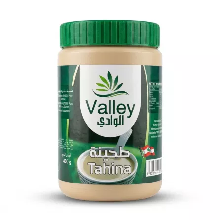 Enhanced Front view of Valley Tahina 400g jar, green lid, Arabic and English label