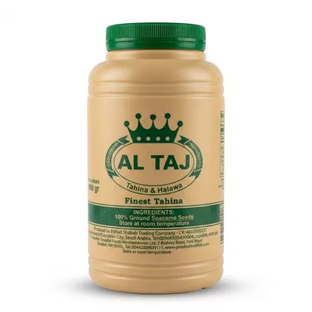Enhanced Front label of Al Taj Tahina jar showing brand and product details