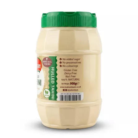 Enhanced Back view of Bodrum Hulled Tahini showing nutritional claims and barcode