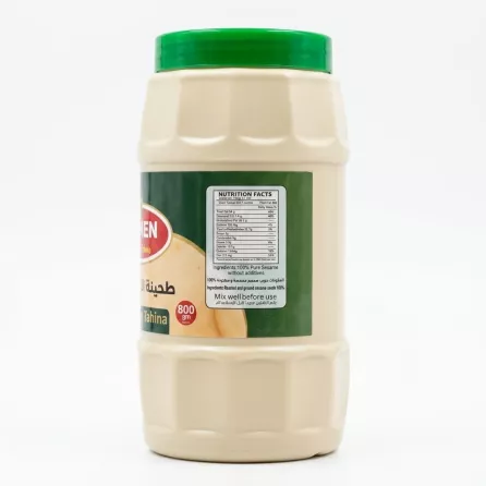 Enhanced Back of Scent Of Yemen Sesame Tahina 800g jar showing nutrition facts