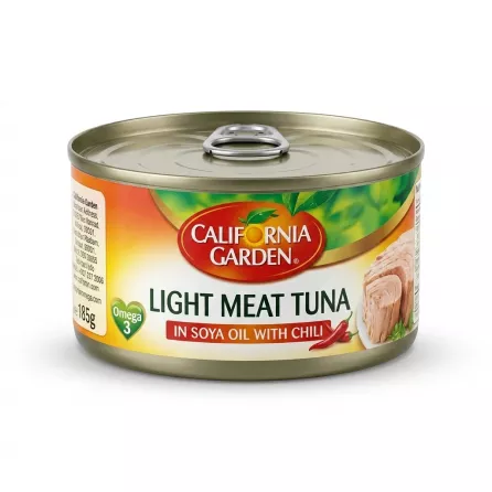 Enhanced California Garden Light Meat Tuna in Soya Oil with Chilli tin front English