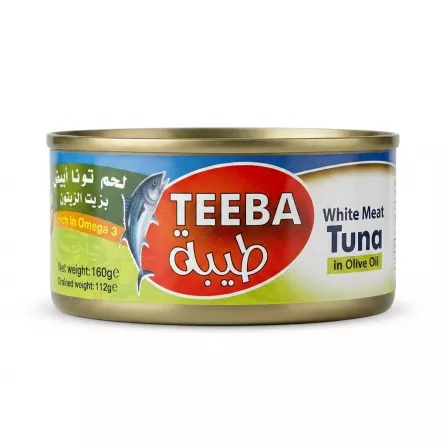 Enhanced Teeba White Meat Tuna in Olive Oil tin front label held in hand