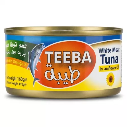 Enhanced Front view of Teeba White Meat Tuna can in sunflower oil