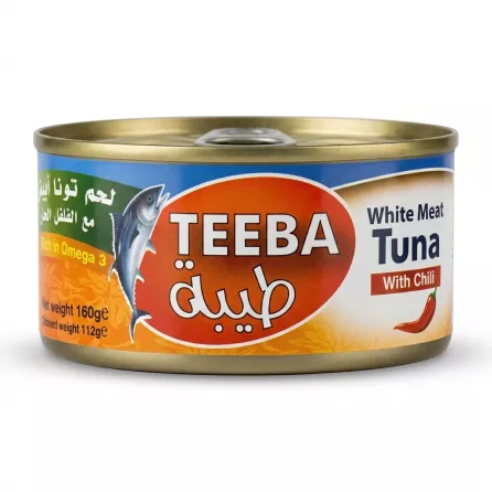 Enhanced Front view of Teeba White Meat Tuna with Chili can