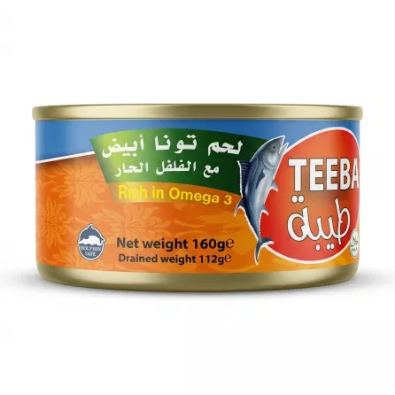 Enhanced Side label showing Omega 3 and dolphin safe icons on Teeba Tuna can