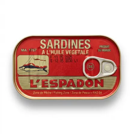 Enhanced L'ESPADON Sardines in Vegetable Oil tin held in hand front view
