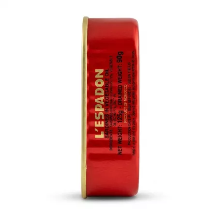 Enhanced L'ESPADON Sardines in Vegetable Oil side view showing ingredients and weight