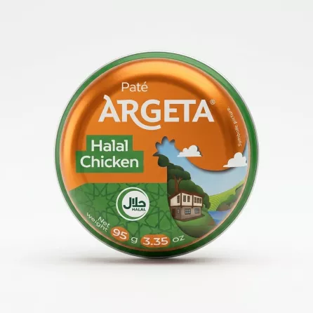 Enhanced A hand holding a round tin of Argeta Halal Chicken Pâté 95g in a shop aisle