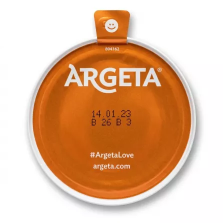 Enhanced Opened lid of Argeta Halal Chicken Pâté tin showing Argeta branding