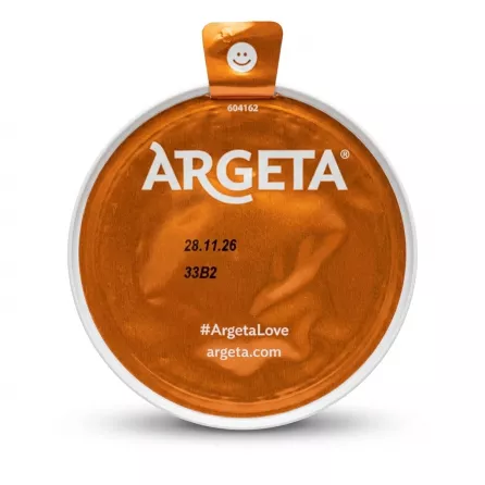 Enhanced Argeta Jetrena Liver Pate tin with foil lid opened showing brand logo
