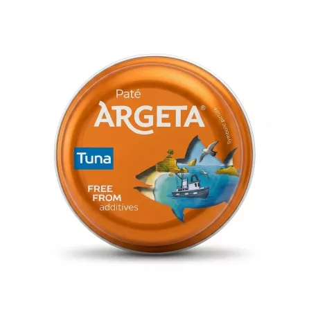 Enhanced Argeta Tuna Paté tin held in hand, orange packaging, store background