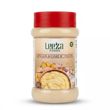 A 1000g jar of Leeza Foods Ginger & Garlic Paste with a red lid, featuring a detailed label showing the paste and fresh ingredients, isolated against a plain white background with professional lighting.