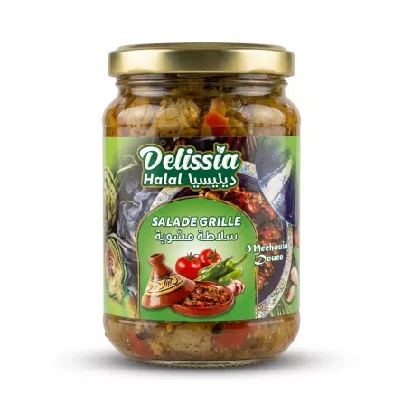 Enhanced Front of Delissia Halal Grilled Salad jar with label and vegetables
