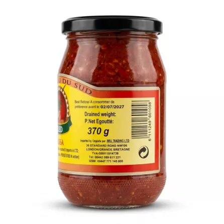 Enhanced Rear side of Bled Conserves Moroccan Harissa 370g jar showing weight and importer details