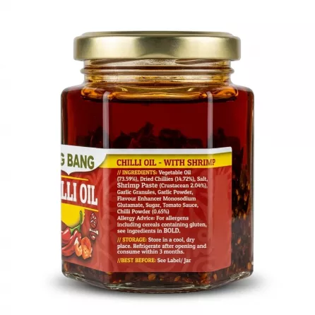 Enhanced Ingredients and storage instructions on Bang Bang Chilli Oil With Shrimps jar