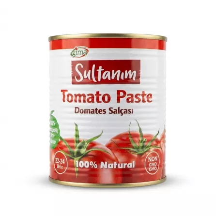 A high-resolution photo of an 800g tin of Sultanim 100% Natural Tomato Paste against a plain white background. The red and white label features the brand logo, fresh tomatoes, and the text "Sultanim Tomato Paste" and "Domates Salçası".