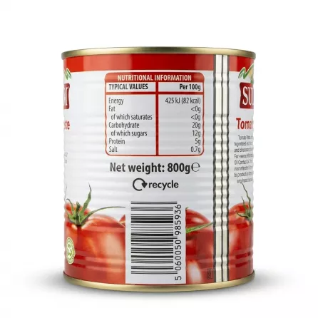Enhanced Sultanim Tomato Paste tin nutritional information and barcode