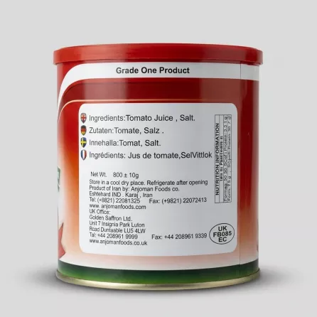 Enhanced Back of Anjoman Pasteurized Tomato Paste tin showing ingredients and manufacturer information