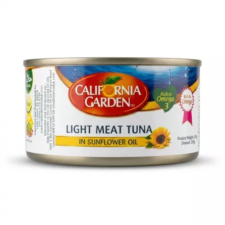A can of California Garden Light Meat Tuna in Sunflower Oil with Halal certification, displayed as a clean, professionally lit product shot on a white background.