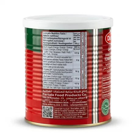 Enhanced Nutrition facts and contact details on Durra Tomato Paste tin