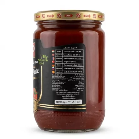 Enhanced Back label of Lio Tomato Paste jar showing ingredients and product details