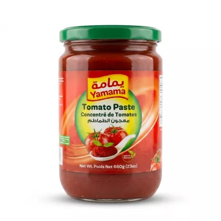 Enhanced Front of Yamama Tomato Paste 660g jar with green lid