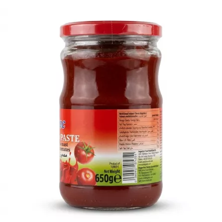 Enhanced Aytac Tomato Paste 650g jar showing back label and nutritional values