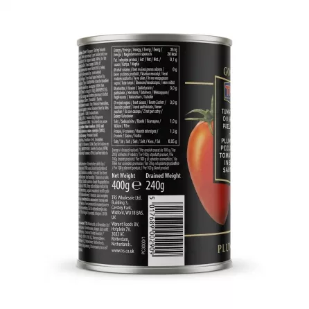 Enhanced Back view of TRS Plum Peeled Tomatoes can with nutritional information and barcode