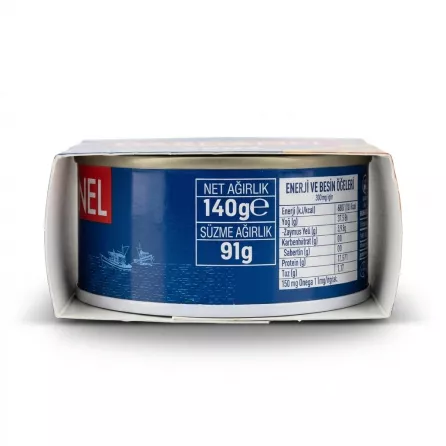 Enhanced Side view of Dardanel Tuna can showing net and drained weight information