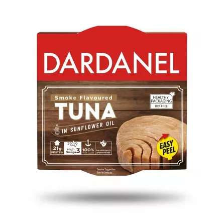 Enhanced Front view of Dardanel Smoke Flavoured Tuna in Sunflower Oil packaging held in hand