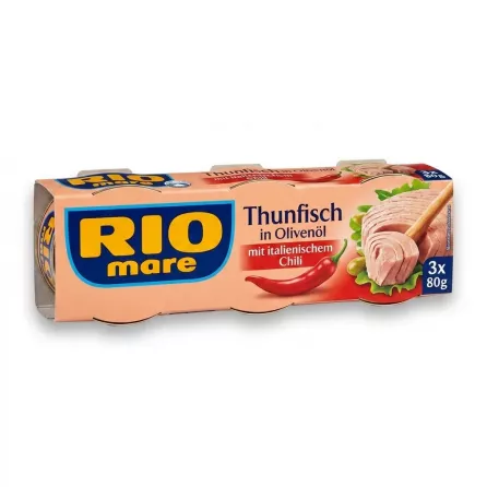 Enhanced Side view of Rio Mare Tuna with Italian Chilli multipack showing German description