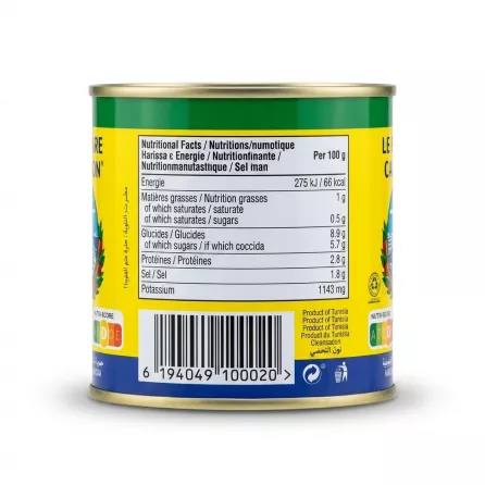Enhanced Back of Le Phare du Cap Bon Harissa tin with nutritional info and barcode