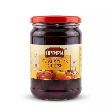 Enhanced Front label of Olympia Cherry Compote in glass jar with red lid