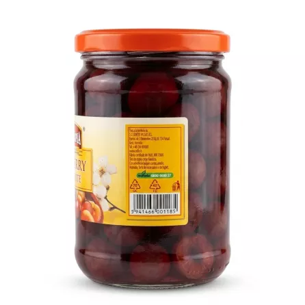 A professional e-commerce product image showing the back of an Olympia Cherry Compote glass jar. It is isolated on a white background, displaying the nutritional information, ingredients list, and the product's barcode clearly on the back label.