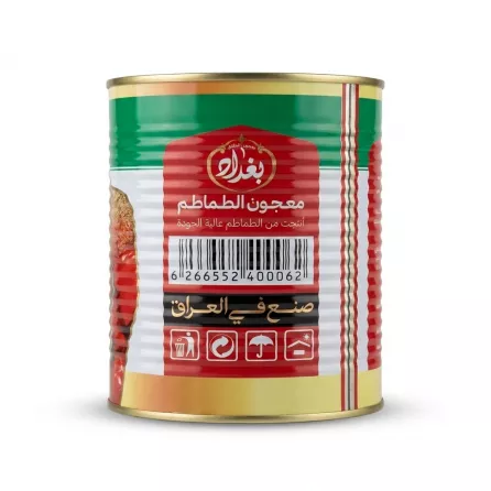Enhanced Baghdad Tomato Paste tin with barcode and Arabic description
