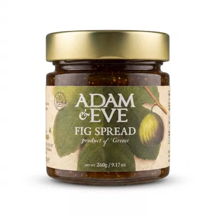 ** A professionally-lit front view of a 260g jar of Adam & Eve Fig Spread with a gold lid, set against a clean white background. The detailed green label prominently displays the brand name, a fresh fig graphic, and the description "product of Greece," filling 85% of the frame with a soft, symmetrical shadow.