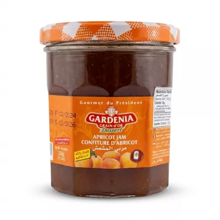 Enhanced Front label of Gardenia Apricot Jam jar 330g