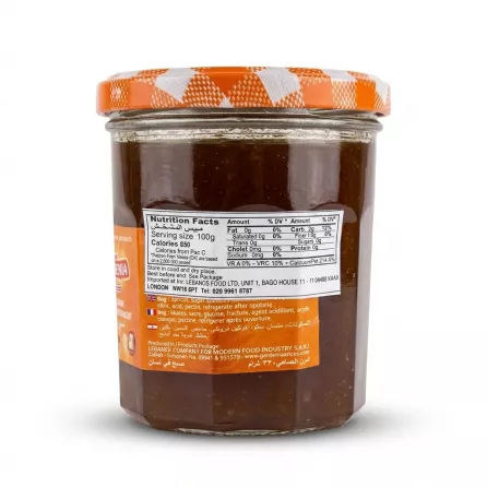 Enhanced Nutrition information and side label of Gardenia Apricot Jam jar